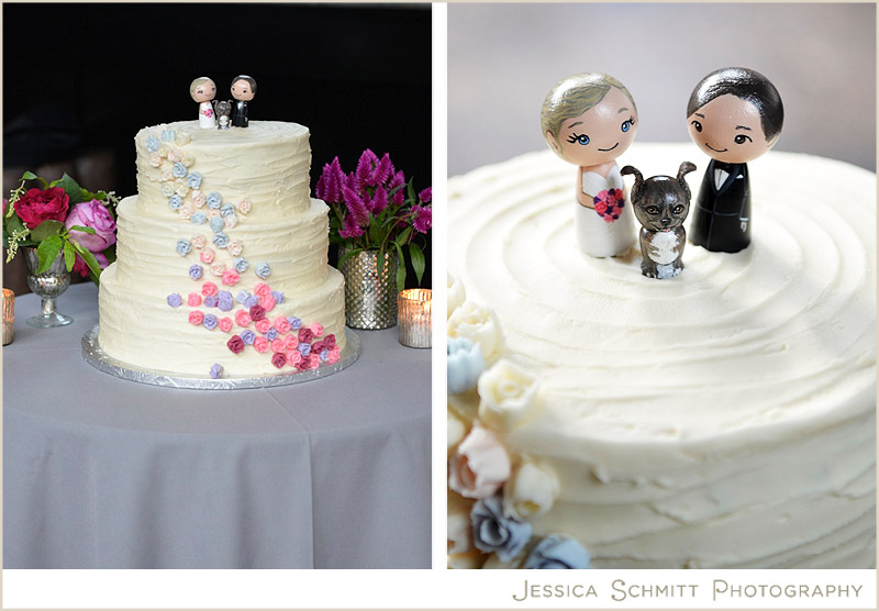 wedding cake with bride groom and dog topper