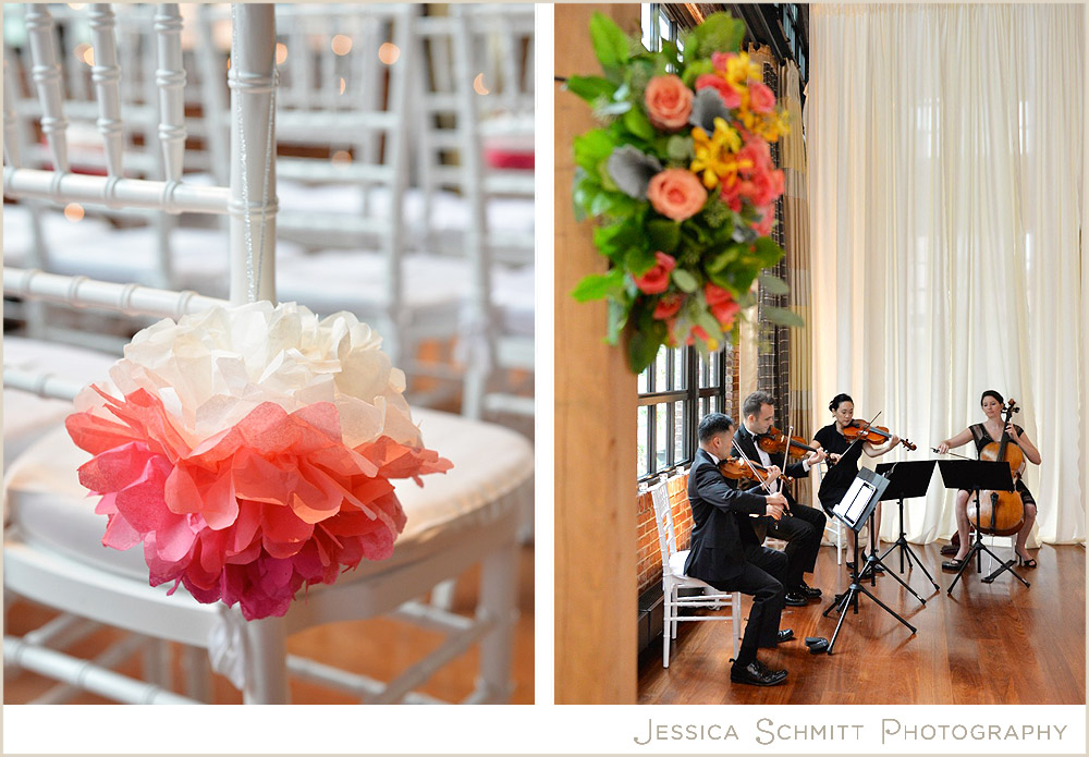 wedding tissue pink pom poms, sage string quartet 