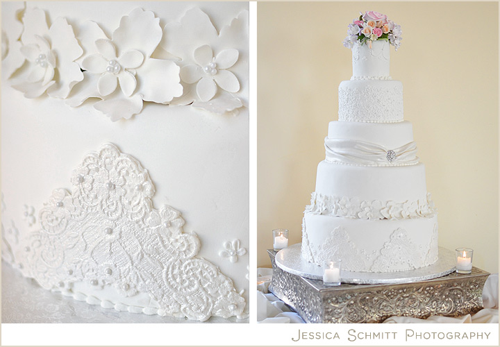 Wedding cake with white lace and flowers