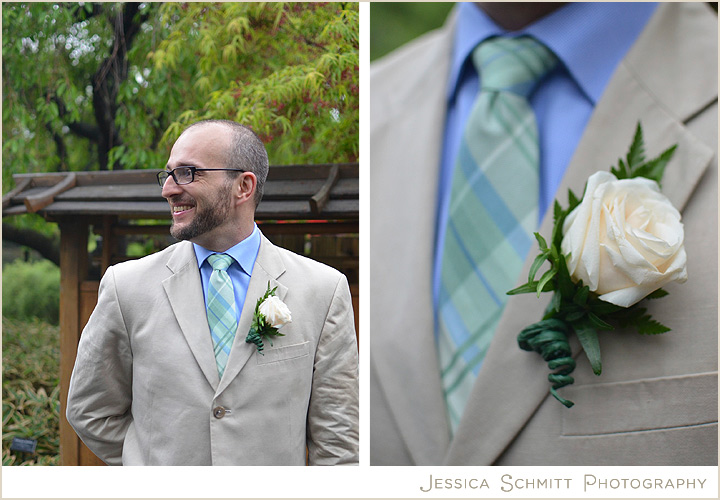 Groom in tan suit with blue and green tie 