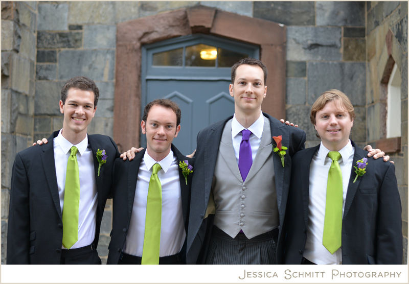 Groomsmen with green and purple ties