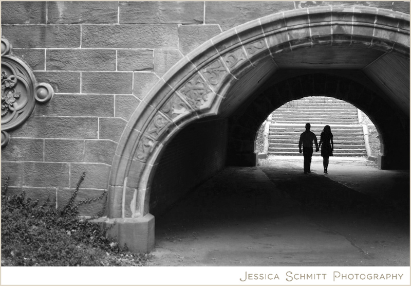 Autumn Central Park engagement Trefoil arch