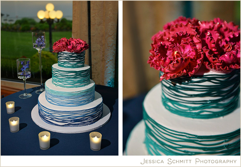 Pink and turquoise wedding cake