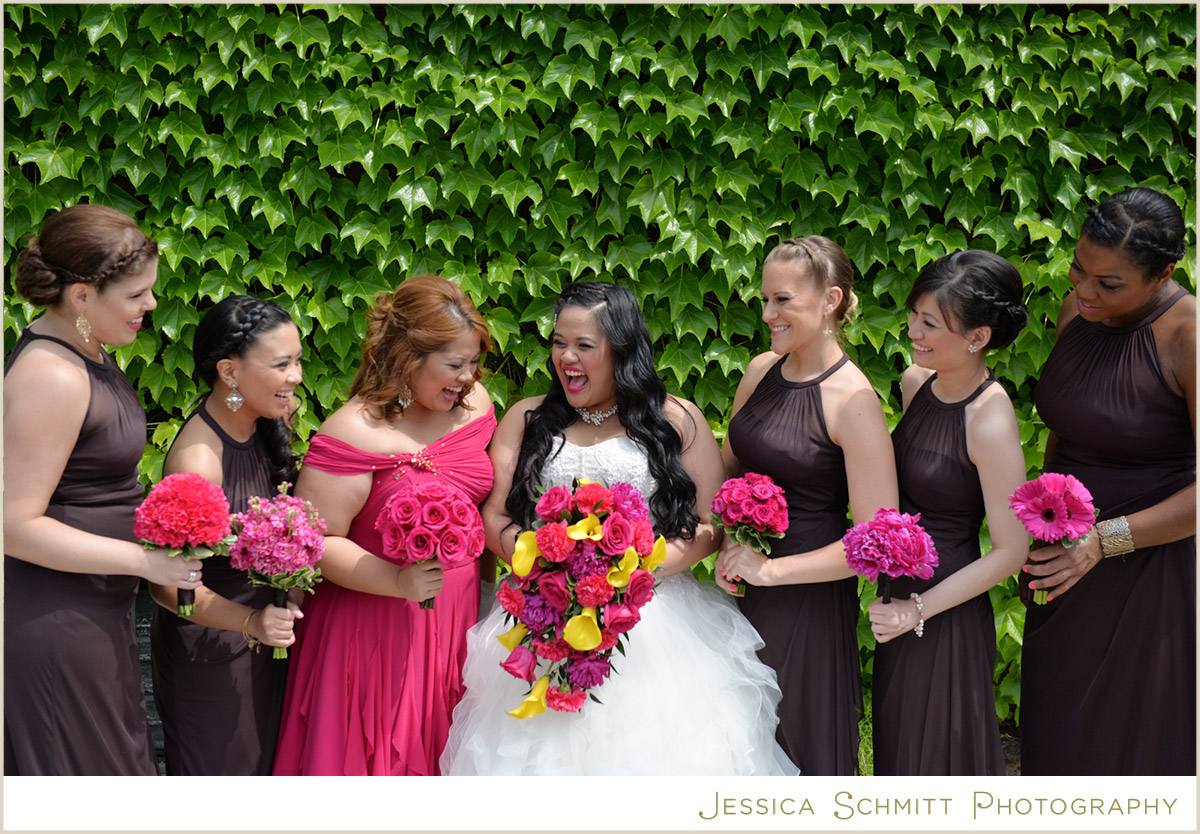 bridesmaids pink and brown dresses