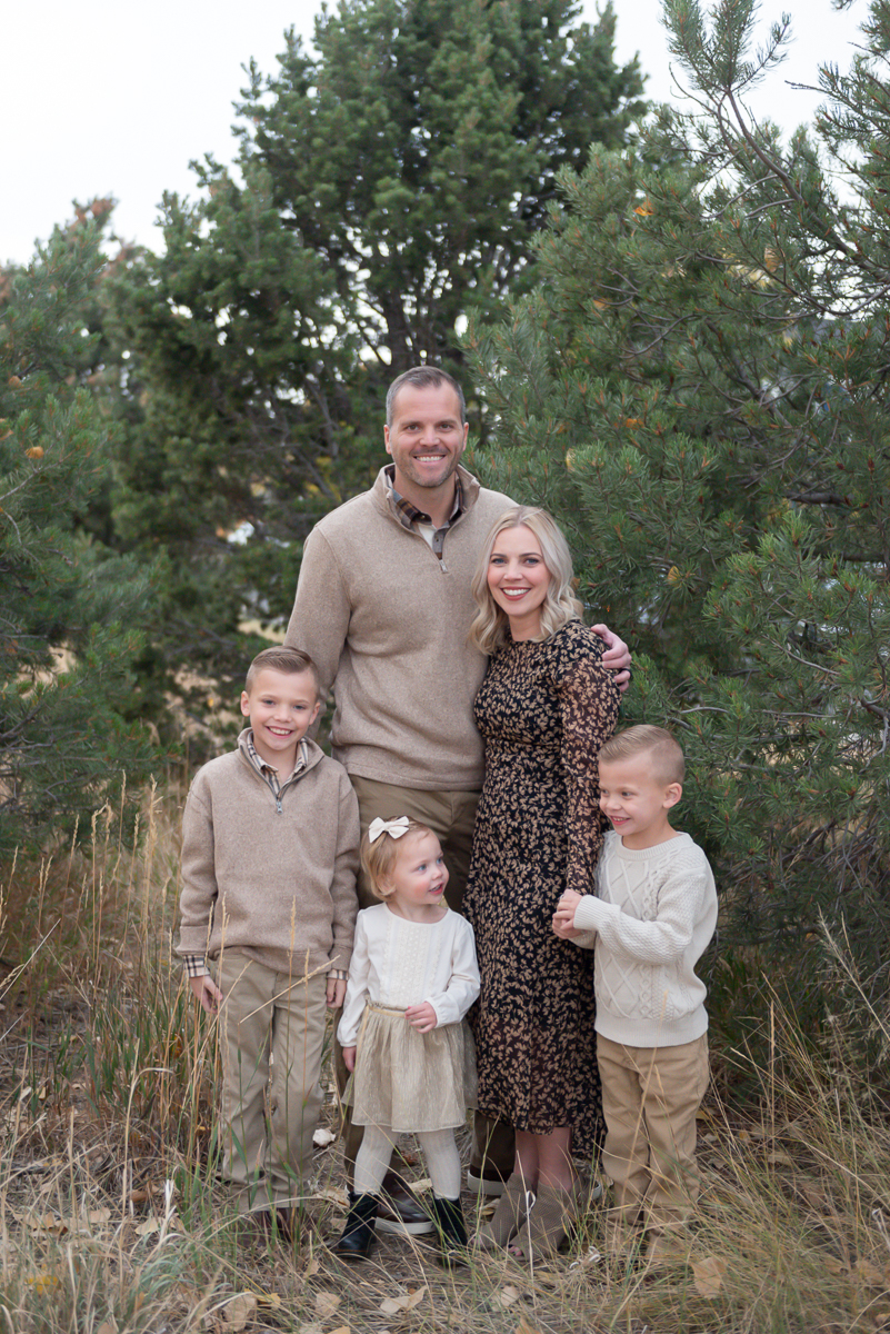 family holiday card photo, denver family photographer, central park, evergreen trees