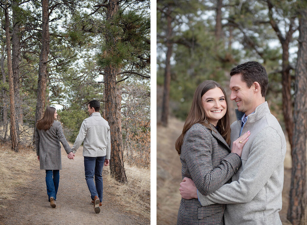 couple walking through the woods, winter engagement session in colorado